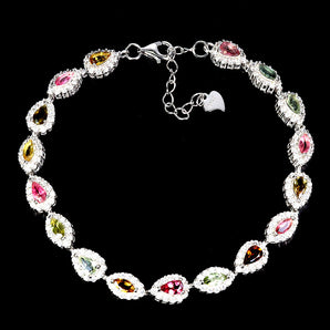 925 Sterling Silver Bracelet Pear Tourmaline 5x3mm Natural Gemstone Jewelry 7in