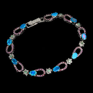 925 Sterling Silver Bracelet Oval Blue Opal Emerald Topaz Gemstone Jewelry 7.5in