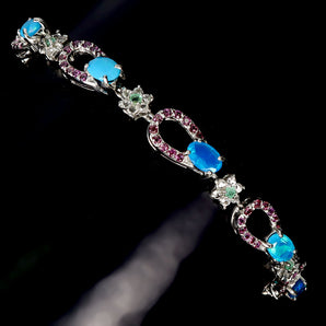925 Sterling Silver Bracelet Oval Blue Opal Emerald Topaz Gemstone Jewelry 7.5in