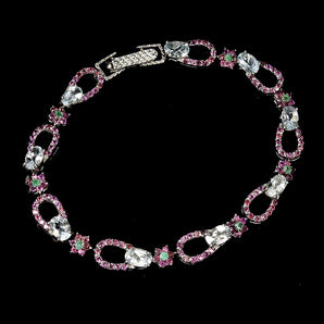 925 Sterling Silver Bracelet Oval Aquamarine Rhodolite Gemstone Jewelry 7.5in