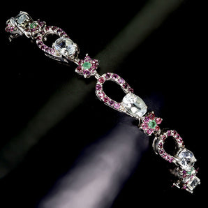 925 Sterling Silver Bracelet Oval Aquamarine Rhodolite Gemstone Jewelry 7.5in