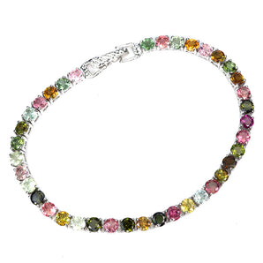 925 Sterling Silver Bracelet Round Tourmaline 4mm Natural Gemstone Jewelry 7.5