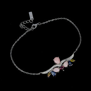 925 Sterling Silver Bracelet Pear Pink Opal Rhodolite Sapphire Gemstone 7.5in