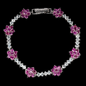 925 Sterling Silver Bracelet Round Rhodolite Garnet Aquamarine Gemstone 6.5in