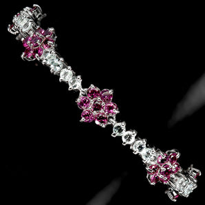 925 Sterling Silver Bracelet Round Rhodolite Garnet Aquamarine Gemstone 6.5in