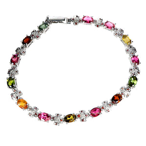 925 Sterling Silver Bracelet Oval Tourmaline Rhodolite Gemstone Jewelry 7.5in