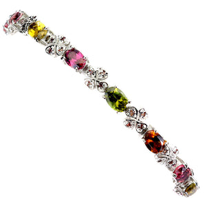 925 Sterling Silver Bracelet Oval Tourmaline Rhodolite Gemstone Jewelry 7.5in