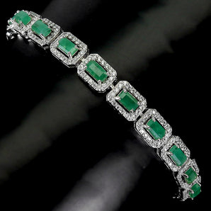 925 Sterling Silver Bracelet Octagon Emerald 5x3mm Gemstone Jewelry 8inches