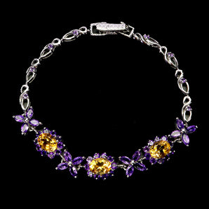 925 Sterling Silver Bracelet Oval Citrine 8x6mm Amethyst Gemstone Jewelry 7.5in