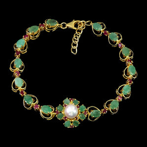 925 Sterling Silver Bracelet Oval Emerald 6x4mm Pearl Ruby Gemstone Jewelry 8 In