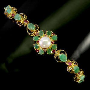 925 Sterling Silver Bracelet Oval Emerald 6x4mm Pearl Ruby Gemstone Jewelry 8 In
