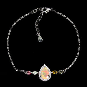 925 Sterling Silver Bracelet Pear Fire Opal 9x6mm Tourmaline Gemstone 7.5 Inches