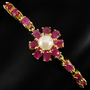 925 Sterling Silver Bracelet Oval Ruby 6x4mm Pearl Natural Gemstone Jewelry 8in