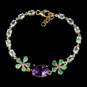 925 Sterling Silver Bracelet Oval Amethyst 14x10mm Emerald Topaz Gemstone 7in