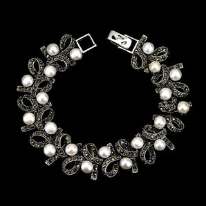 925 Sterling Silver Bracelet Round Pearl 5mm Marcasite Gemstone Jewelry 7 Inches