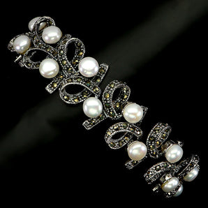925 Sterling Silver Bracelet Round Pearl 5mm Marcasite Gemstone Jewelry 7 Inches