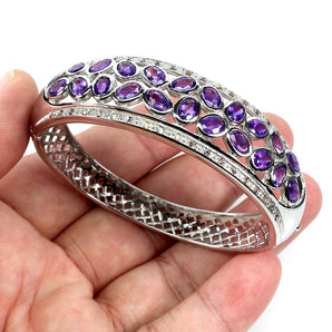 Unheated Oval Amethyst 6x4mm Sapphire Diamond Cut 925 Sterling Silver Bangle