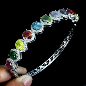 925 Sterling Silver Bangle Oval Sapphire 8x6mm Gemstone Jewelry 2.2x2 Inches