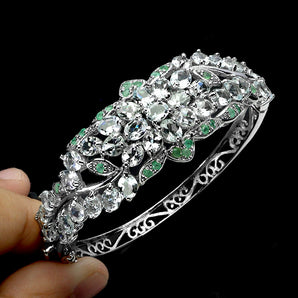 925 Sterling Silver Bangle Oval Aquamarine 5x4mm Emerald Gemstone Jewelry 6.2in
