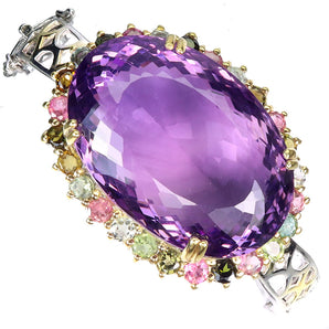 925 Sterling Silver Bangle Oval Amethyst 110ct Tourmaline Handmade Gemstone 7in