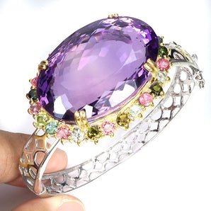 925 Sterling Silver Bangle Oval Amethyst 110ct Tourmaline Handmade Gemstone 7in