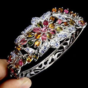 925 Sterling Silver Bangle Oval Tourmaline 5x3mm Tanzanite Gemstone Jewelry 7in