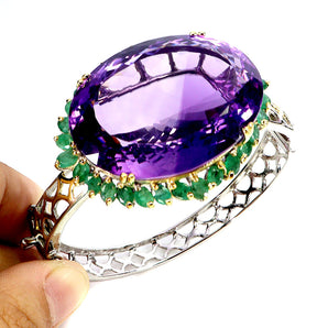 925 Sterling Silver Bangle Oval Amethyst 114ct Emerald Handmade Gemstone 6.9in