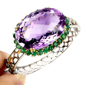 925 Sterling Silver Bangle Oval Amethyst 93ct Emerald Handmade Gemstone 6.9in
