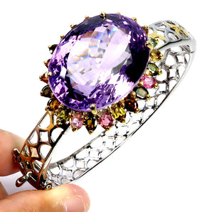 925 Sterling Silver Bangle Amethyst 70ct Tourmaline Handmade Jewelry 5.6 In Rare