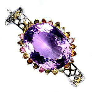 925 Sterling Silver Bangle Amethyst 70ct Tourmaline Handmade Jewelry 5.6 In Rare