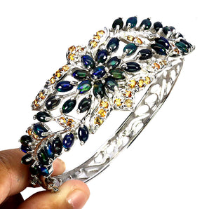 925 Sterling Silver Bangle Oval Black Opal 5x3mm Sapphire Gemstone Jewelry 6.5