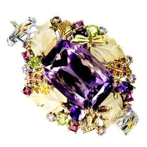 925 Sterling Silver Bangle Antique Amethyst 52ct Peridot Handmade Gemstone 6.7