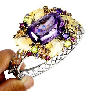 925 Sterling Silver Bangle Antique Amethyst 52ct Peridot Handmade Gemstone 6.7
