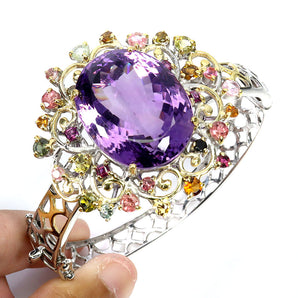 925 Sterling Silver Bangle Oval Amethyst 68ct Tourmaline Handmade Gemstone 5.9in