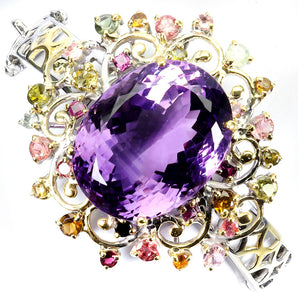 925 Sterling Silver Bangle Oval Amethyst 68ct Tourmaline Handmade Gemstone 5.9in