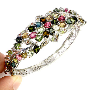 925 Sterling Silver Bangle Oval Tourmaline 5x4mm Sapphire Gemstone Jewelry 7.2in