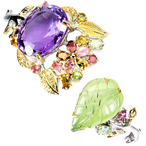 925 Sterling Silver Bangle Oval Amethyst 42ct Prehnite Handmade Gemstone 6.5in