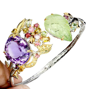 925 Sterling Silver Bangle Oval Amethyst 42ct Prehnite Handmade Gemstone 6.5in