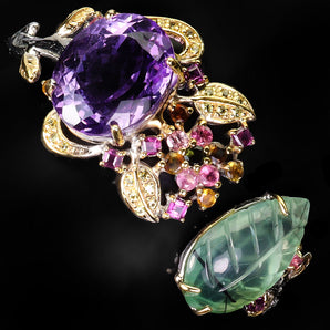 925 Sterling Silver Bangle Oval Amethyst 46ct Prehnite Handmade Gemstone 6.7in