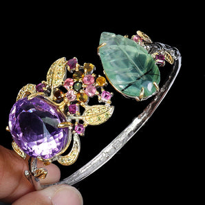 925 Sterling Silver Bangle Oval Amethyst 46ct Prehnite Handmade Gemstone 6.7in