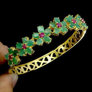 925 Sterling Silver Bangle Oval Emerald 4x3mm Ruby Flower Gemstone Jewelry 7 Ins
