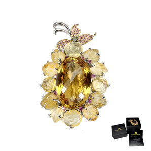 925 Sterling Silver Brooch Handmade Oval Citrine 66ct Rhodolite Gems Gemstone