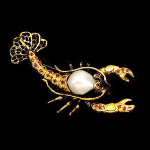 925 Sterling Silver Brooch Pendant Round Ruby 2mm Pearl Lobster Gemstone Jewelry