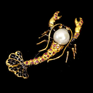 925 Sterling Silver Brooch Pendant Round Ruby 2mm Pearl Lobster Gemstone Jewelry