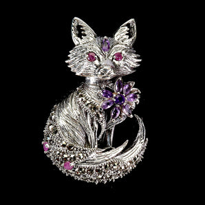 925 Sterling Silver Brooch Marquise Rhodolite Ruby Marcasite Gemstone Jewelry