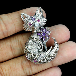 925 Sterling Silver Brooch Marquise Rhodolite Ruby Marcasite Gemstone Jewelry