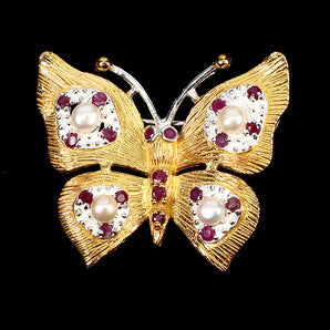 925 Sterling Silver Brooch Round Ruby 2mm Pearl Butterfly Gemstone Jewelry