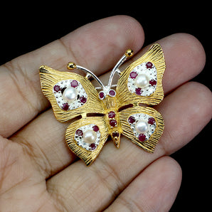 925 Sterling Silver Brooch Round Ruby 2mm Pearl Butterfly Gemstone Jewelry