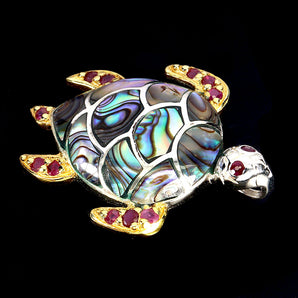 925 Sterling Silver Brooch Pendant Round Ruby 2mm Mop Turtle Gemstone Jewelry
