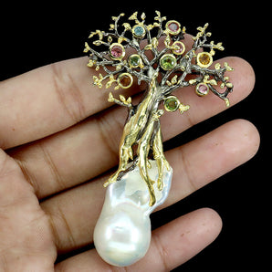 925 Sterling Silver Brooch Round Tourmaline Pearl Tree Of Life Handmade Gemstone